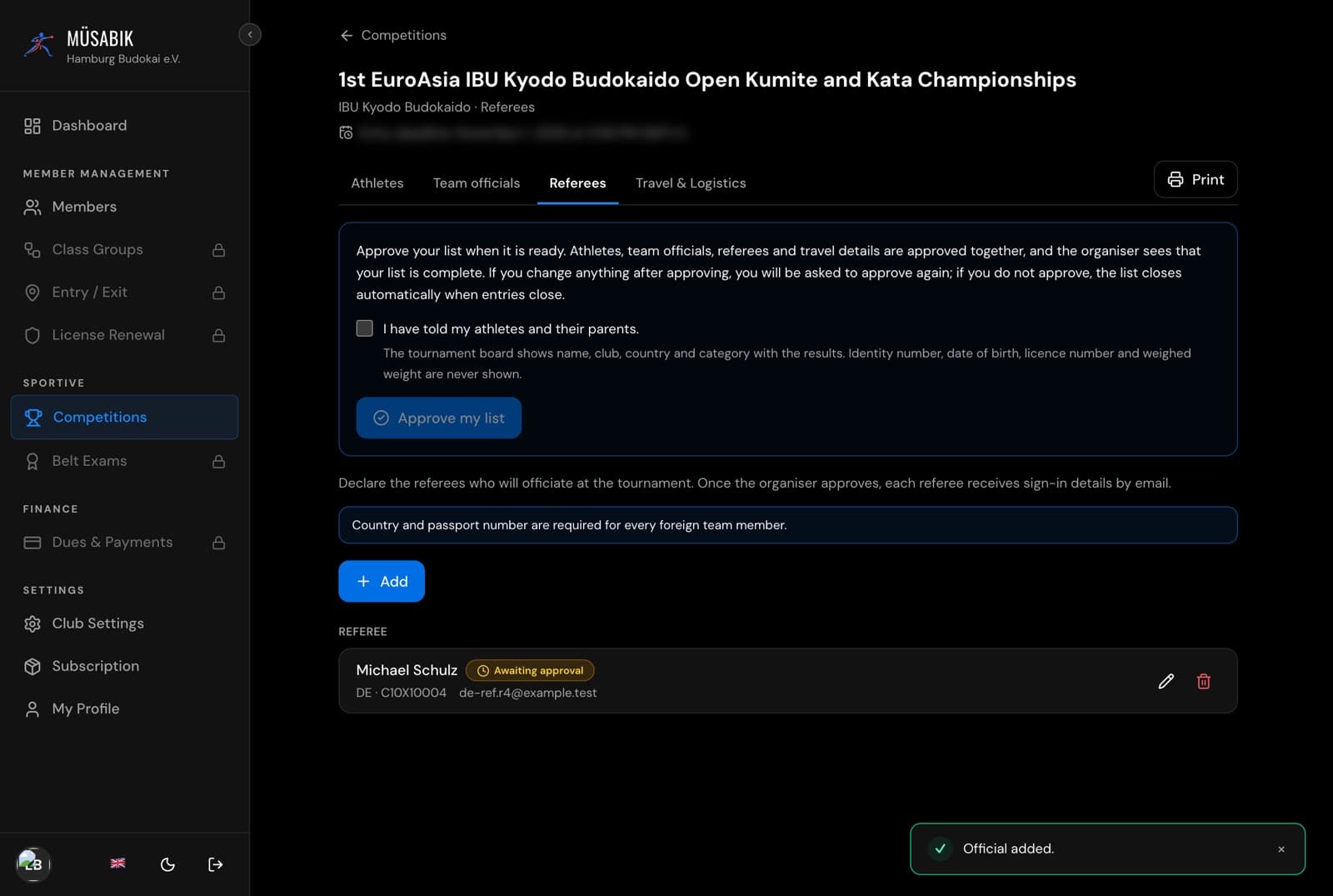 Referees tab with a referee awaiting approval